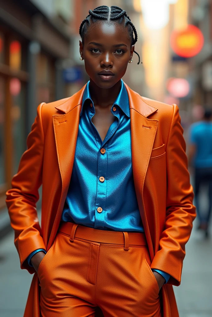Terracotta suit shiny blue shirt