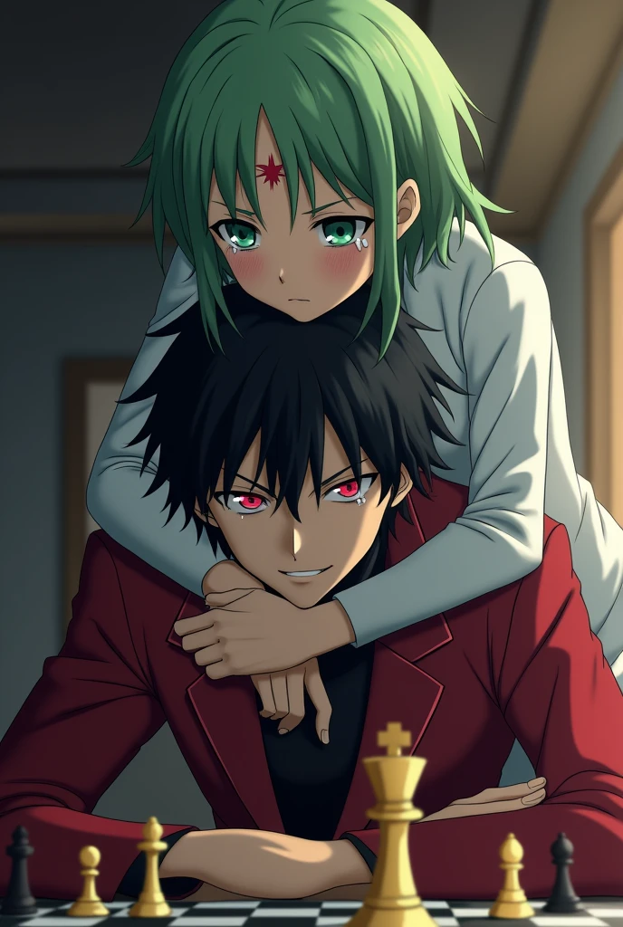Lelouch with "red geass sign in his eyes" from "code geass" playing chess alone with "c.c." Standing behind him hugging his head, anime drawning, 4k. C.C has long green hair with red visable geass sign on forhead, perfect eyes, "c.c." is sad and she Crying, lelouch has Confident smile