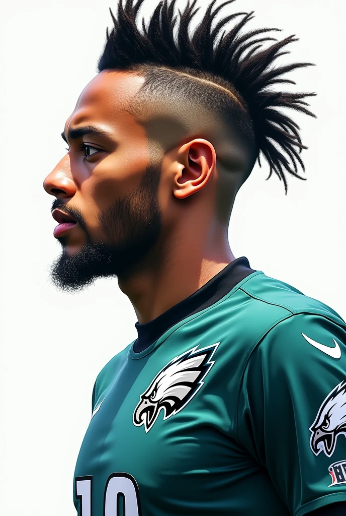 Neymar Jr in profile, with a mohawk and an American football team shirt: Philadelphia Eagles com a cor kelly green, more similar to neymar and more visible the eagles shirt
