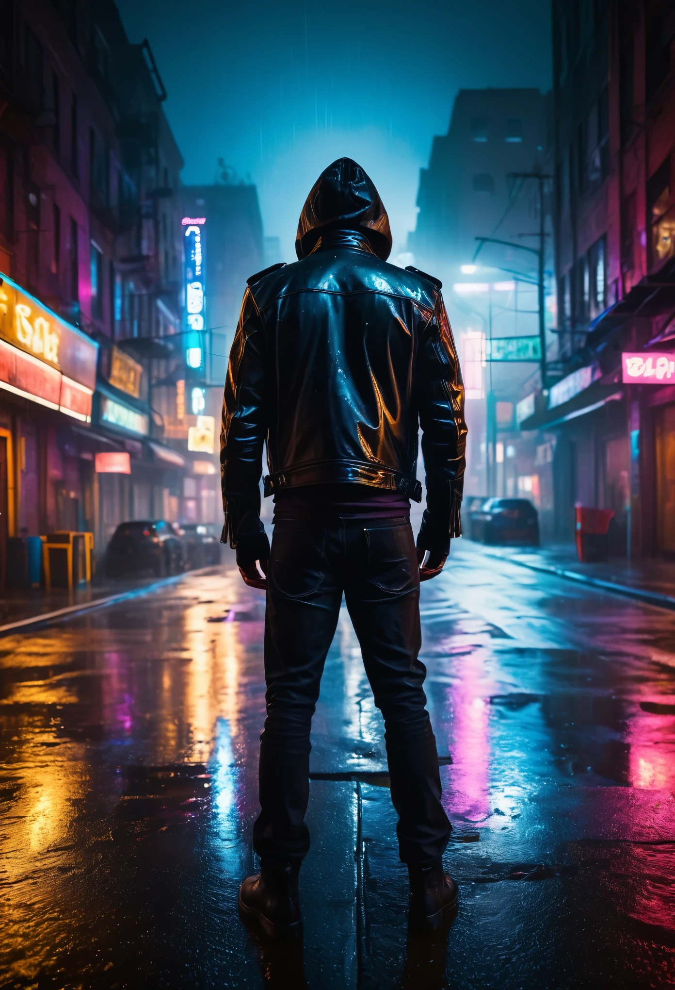 a black leather jacket, rain, dark moody atmosphere, dramatic lighting, puddles on the ground, city street at night, neon lights, cinematic tone, high contrast, deep shadows, fog or mist, intense colors, gritty urban setting, weathered textures, dystopian vibes, best quality, 8k, ultra-detailed, realistic, photorealistic, studio lighting, extreme detail description, professional, vivid colors, bokeh