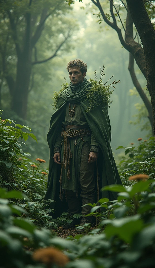 Mystic Men in enchanted foliage, eco-punk style, serene, background ancient forest, unreal 8k, ultra detail, ultra realist, 3D, natural light, photorealism