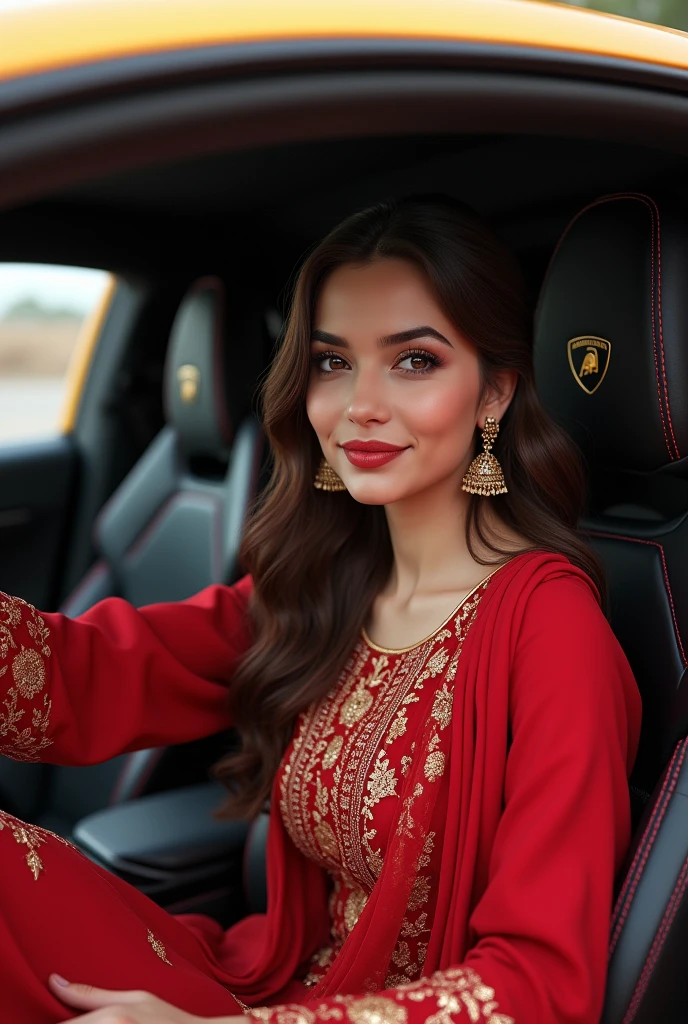a wanna a realistic picture of human girl who is exact replica of ayeza khan having dimples and fair skin wearing eastern red shalwaar qamees with scarf sitting in a lamberghini more images