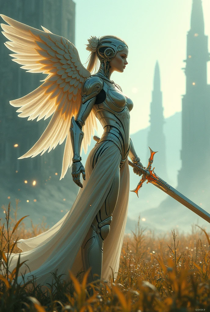 REAL - style image of a woman with a sword in a field, beautiful cyborg angel girl, angel knight girl, as a mystical valkyrie, battle angel, angel in plastic armor, mechanized valkyrie girl, unreal engine 4k wallpaper, wraith from apex legends, epic angel wings, trending in cgsociety, valkyrie, unreal engine fantasy art
