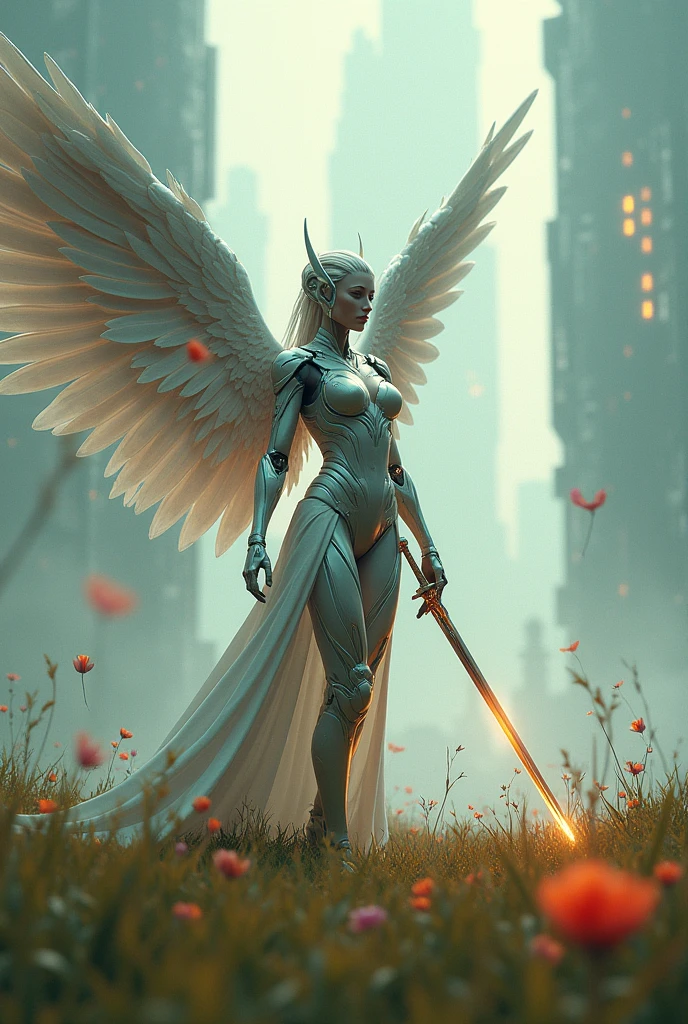 REAL - style image of a woman with a sword in a field, cyberpunk art inspired by Leng Mei, cgsociety contest winner, fantasy art, beautiful cyborg angel girl, angel knight girl, as a mystical valkyrie, battle angel, angel in plastic armor, mechanized valkyrie girl, unreal engine 4k wallpaper, wraith from apex legends, epic angel wings