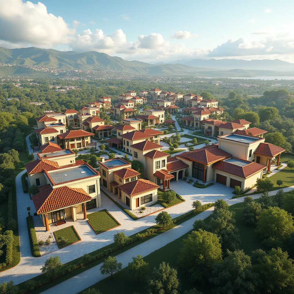  A render of the future development with different houses, departments, Non-futuristic Peruvian buildings and green areas with panoramic views in horizontal format .