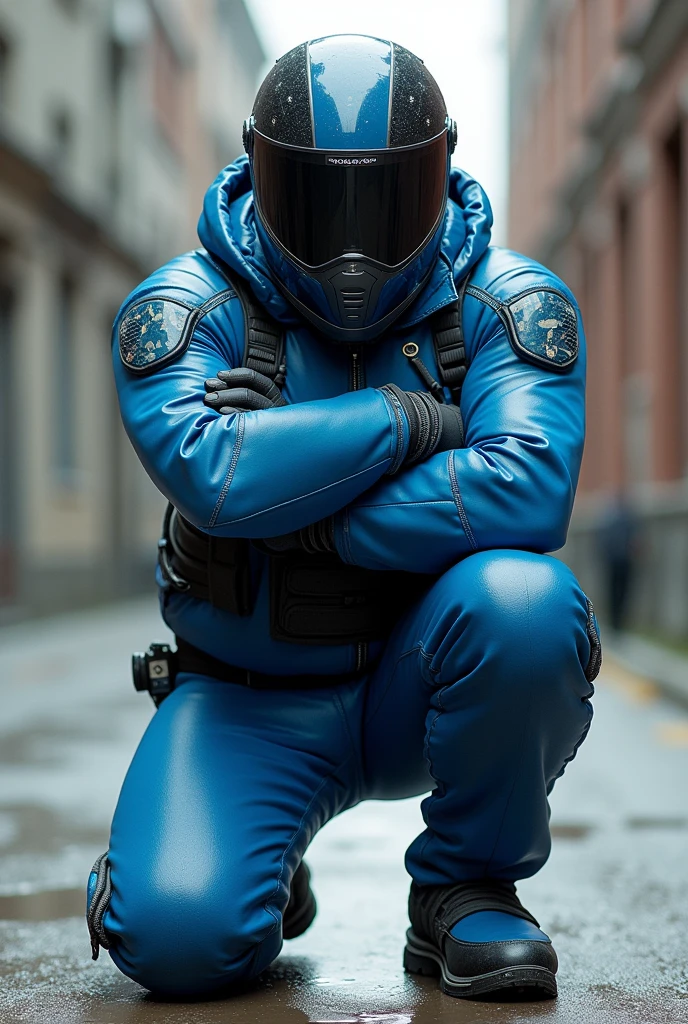 Biker in blue full body biker safety suit in kneeling pose and helmet with arms crossed facing front