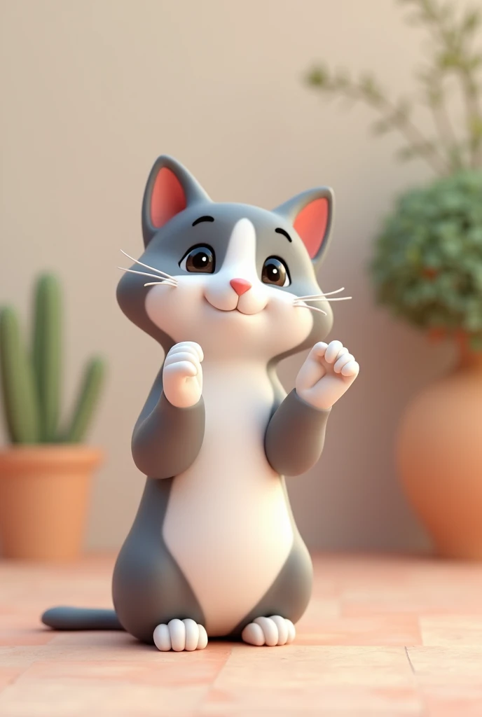 小さくてcuteアイソメトリック猫の絵文字, Tuxedo Jack,Gray and white cat, cute, South of France wall in background, Soft and calming colors, 3D icon clay rendering, spring: 120mm, 3D Blender Rendering, Trend with poly count, Modular constructivism, Orange background, Physically Based Rendering, The middle kitten raised her hand、Front legs are white