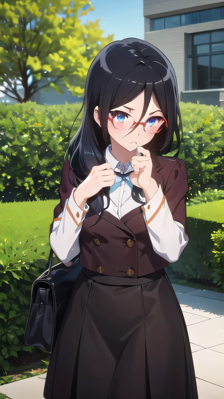 best quality, Masterpiece, highres, alone, {Thanaka_Asuka_euphonium sound:1.15} (garden:1.3), , black_hair, long_hair, glasses, light blue_eyes, Blush, red frame_glasses, Seraph, beyond the edge_glasses, semi borderless_glasses, hair_between_eyes, 1 woman, Kitauchi_high_school_uniform, brown,  Waiting for the bus,