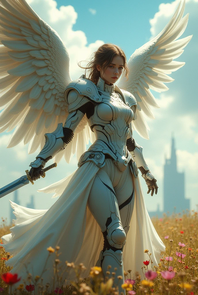 REAL - style image of a woman with a sword in a field, cyberpunk art inspired by Leng Mei, cgsociety contest winner, fantasy art, beautiful cyborg angel girl, angel knight girl, as a mystical valkyrie, battle angel, angel in plastic armor, mechanized valkyrie girl, unreal engine 4k wallpaper, wraith from apex legends, epic angel wings