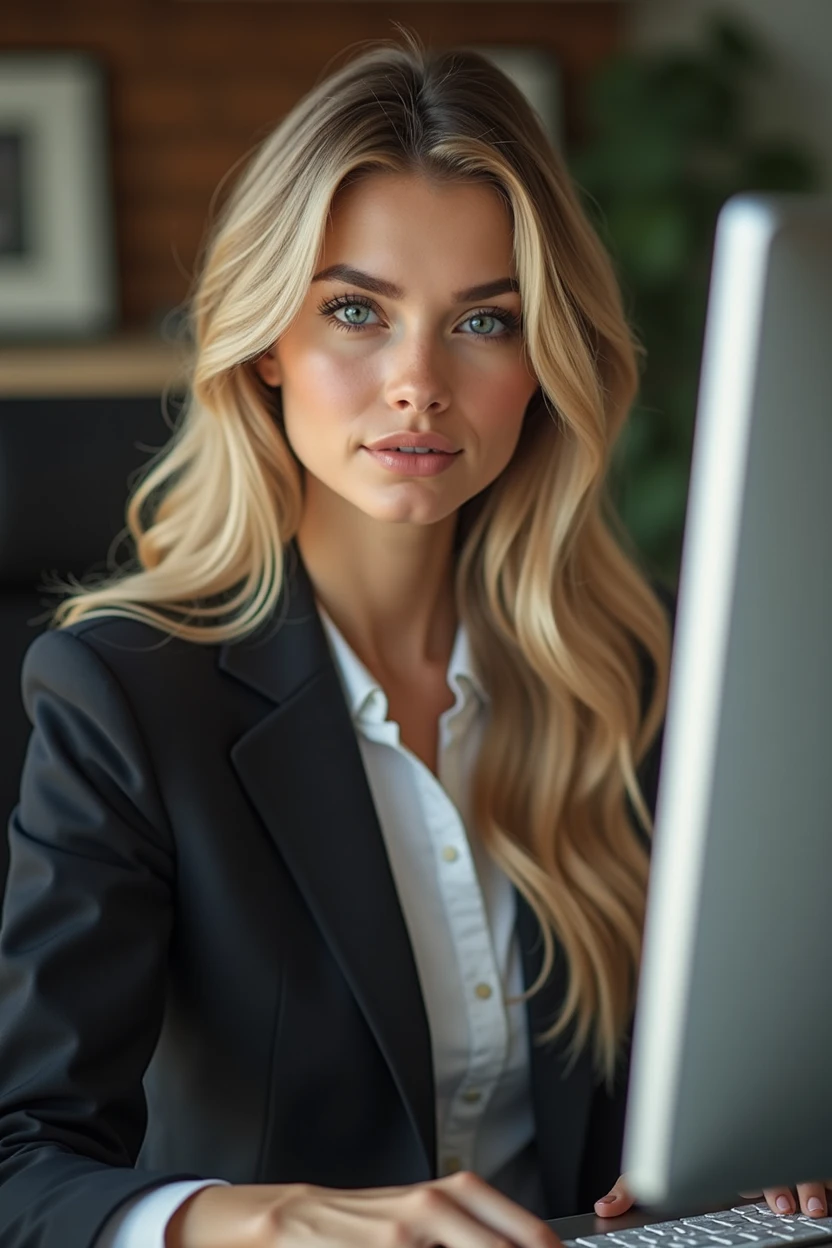 a beautiful girl with long blonde hair, detailled eyes, nose, and lips, wear a professional outfit, Sitting in your office, with your computer, hp computer (best quality,4K,8k,highres,masterpiece:1.2),Ultra-detail,(realisti,photorealisti,photo-realisti:1.37),HDR,Extremely detailed face and body, portrait,Warm lighting,warm colors, close up, front view
