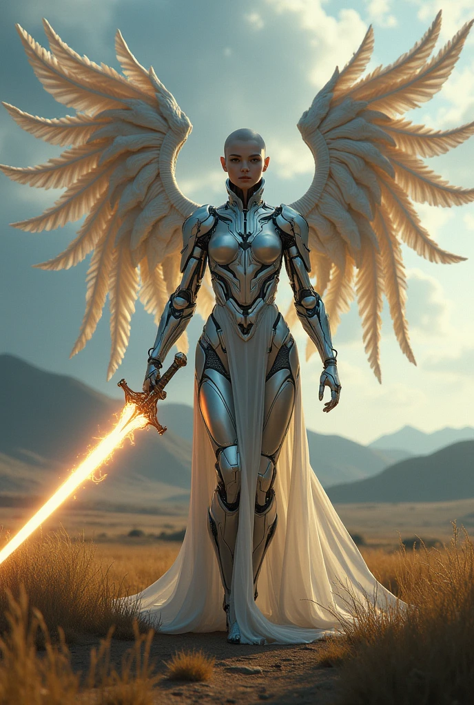 REAL - style image of a woman with a sword in a field, beautiful cyborg angel girl, angel knight girl, as a mystical valkyrie, battle angel, angel in plastic armor, mechanized valkyrie girl, unreal engine 4k wallpaper, wraith from apex legends, epic angel wings, trending in cgsociety, valkyrie, unreal engine fantasy art