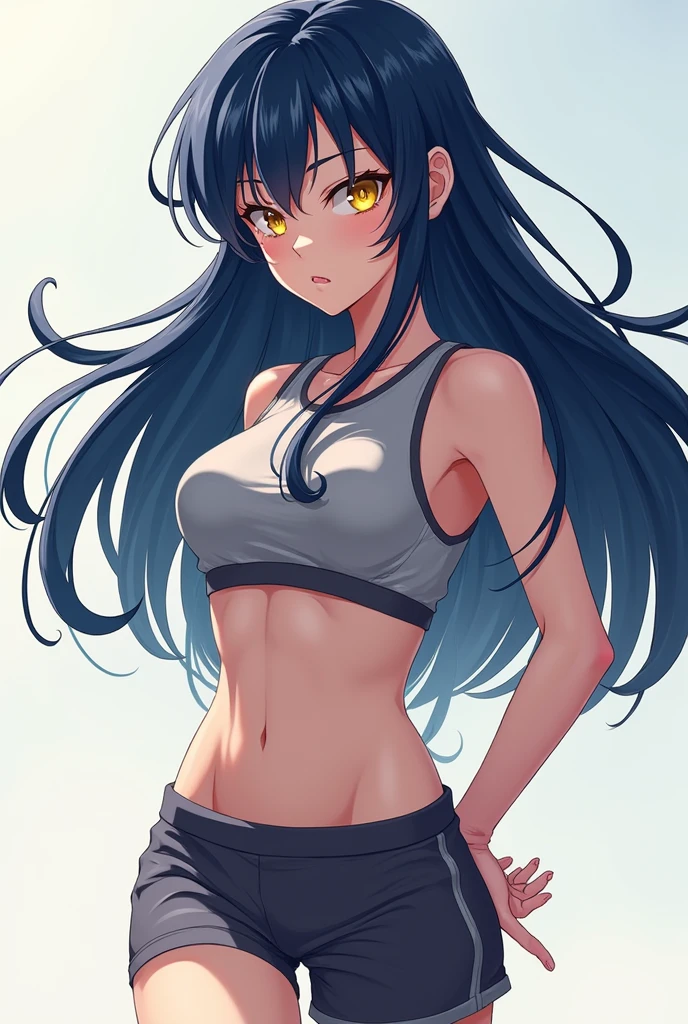 Girl with long navy blue hair, yellow eyes, wears sports clothes, anime style.