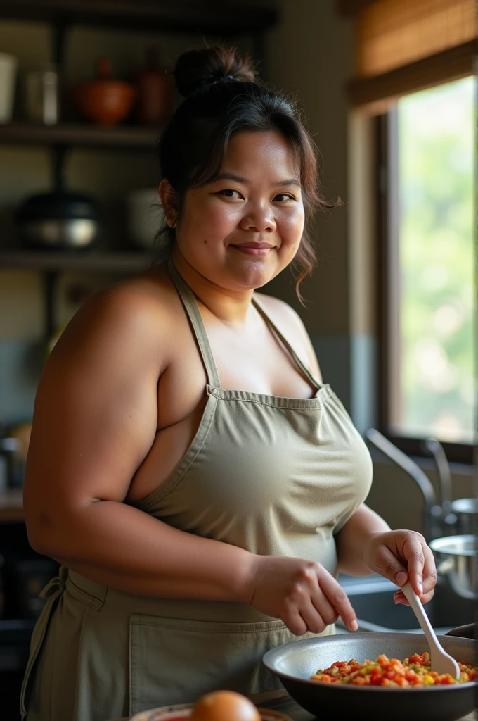 a beautiful, slightly plump Indonesian woman, only wearing an apron without shirt, is cooking in the kitchen. The kitchen atmosphere is a background detail. look at the viewer, natural light, realistic photography, wide angle shot.