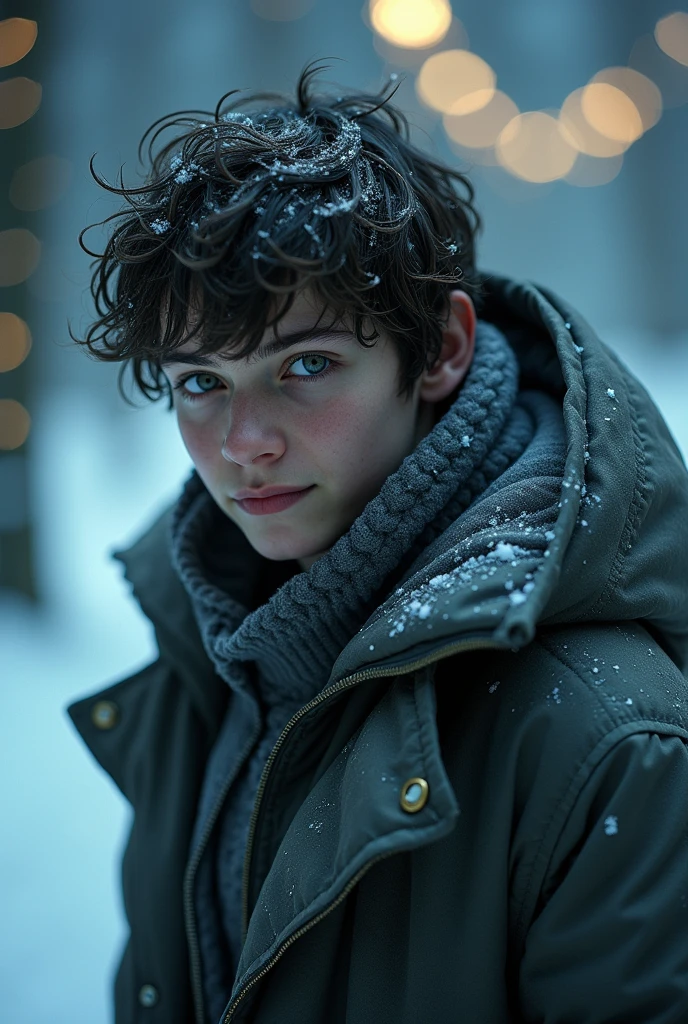 ((( masterpiece ))), (((Highest quality))), ((Very detailed)), (photograph), ((Very delicate and beautiful )), High resolution,
One boy, Age 25, 
(Detailed eyes), (Detailed facial features), (Detailed Weapons), (Detailed fingers), (Leg details), 
(Eyes visible through hair), ((Drunk Eyes)), (Embarrassing :1.2),
(Toothless smile), (((Fuller lips))),
(Snow Scene), (Upper Body), Grey coat,
((Dim Light)), ((Film Grain)), ((Single-lens reflex camera)), ((35mm lens focal length)). cinematic lights. Masterpiece, best quality, 8K, photo realistic, wallpaper, wallpaper 8k, photographic contest winner, Hyperrealistic art cinematic film still photography in the style of detailed hyperrealism photoshoot. [Entire scene is surrounded by lights, evoking a magical and eerie atmosphere. The lighting is bright and atmospheric, with smoke adding a touch of sinister ambiance. Best quality image, HDR enhancement, showcasing the utmost level of detail and realism]. [8K, Best Quality, Ultra High Resolution, (highly detailed CG unity 8k wallpaper), (best photo), (best shadows), isometric 3D, octane rendering, ray tracing, highly detailed, (Best quality, 4K, 8k:1.2), absurdity, ultra detailed, (realistic, photorealistic, photorealistic:1.37), complex parts, HDR, (complex parts:1.12), (hyper detailed, hyper realistic, Soft lighting, spicy:1.2), (complex parts, Hyper detailed:1.15). Blurred foreground. (backlit), masterpiece, high quality, brightness, chromatic aberration, foggy smoke, shadows, contrast, clear sky, (warm hue, warm tone), high details, natural reflections].