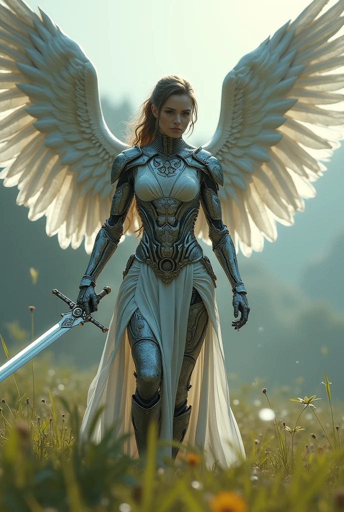 REAL - style image of a woman with a sword in a field, beautiful cyborg angel girl, angel knight girl, as a mystical valkyrie, battle angel, angel in plastic armor, mechanized valkyrie girl, unreal engine 4k wallpaper, wraith from apex legends, epic angel wings, trending in cgsociety, valkyrie, unreal engine fantasy art
