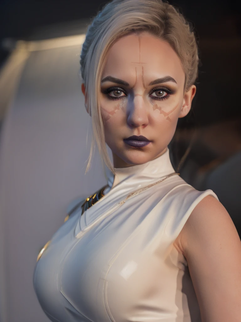 NightsisterMerrin, realistic, 1girl, best quality, dynamic lighting, highly detailed, 8k, science fiction, looking at viewer, pale skin