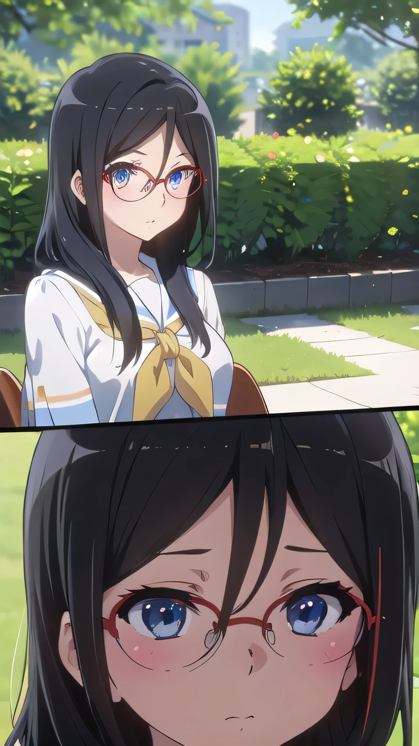 best quality, Masterpiece, highres, alone, {Thanaka_Asuka_euphonium sound:1.15} (garden:1.3), , black_hair, long_hair, glasses, light blue_eyes, Blush, red frame_glasses, Seraph, beyond the edge_glasses, semi borderless_glasses, hair_between_eyes, 1 woman, Kitauchi_high_school_uniform, brown, Waiting for the bus,