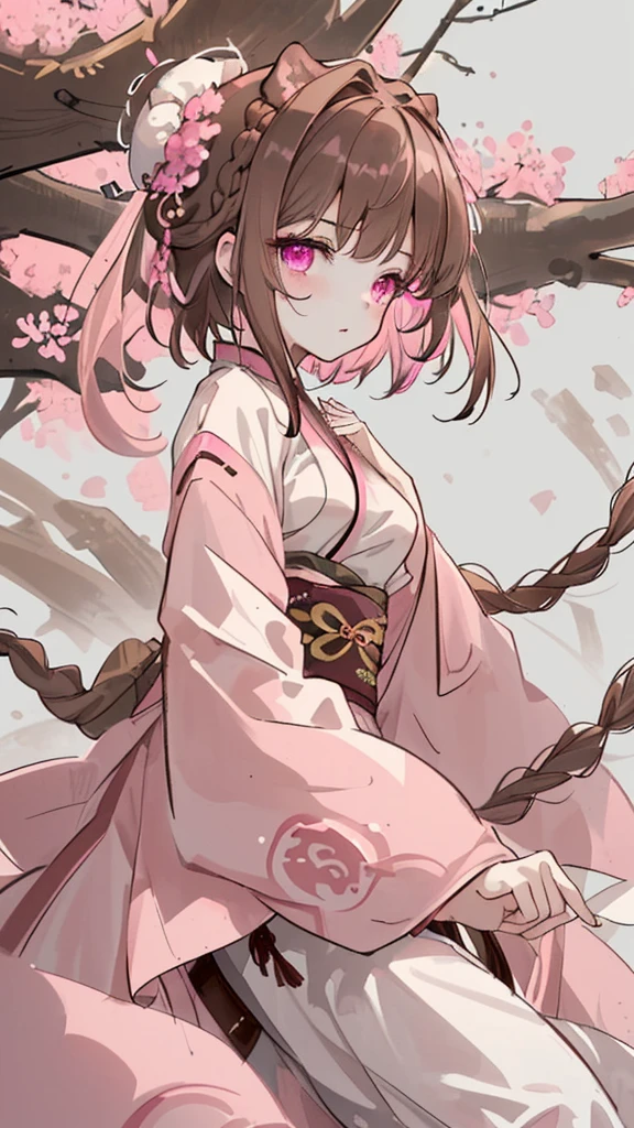 wild boar,Short brown hair,There are white braids on both sides of the hair,Pink eyes,Brown Hanfu and white fluff