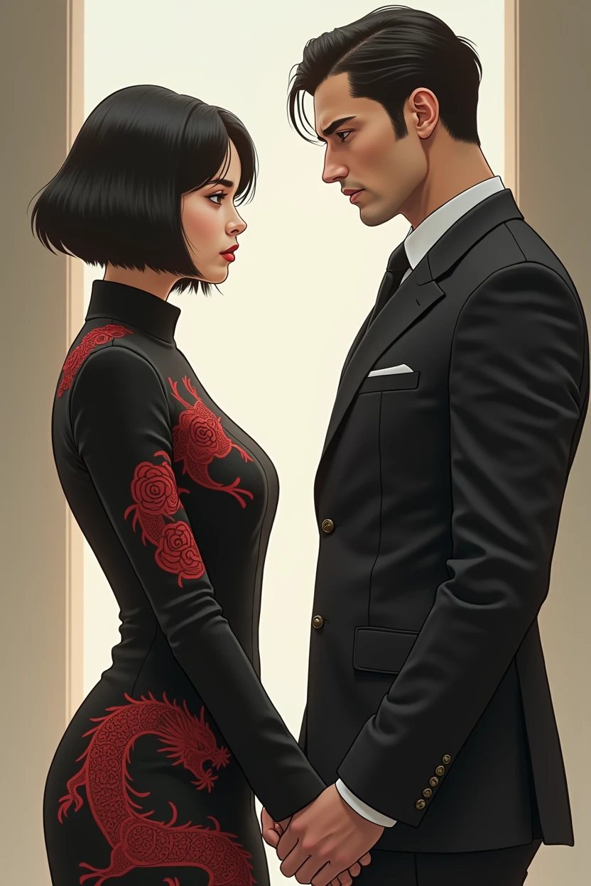 Create an image of a woman facing a man. The woman has Asian features and is well-groomed.., wearing a black dress with red designs, like dragons and roses. She has short black hair and a dark look in her eyes.. Your face is closed. The man is in a black suit. him&#39;it's taller than her, suas feições são fortes e him não é asiático, him é francês com cabelo preto, rebels and scouts
