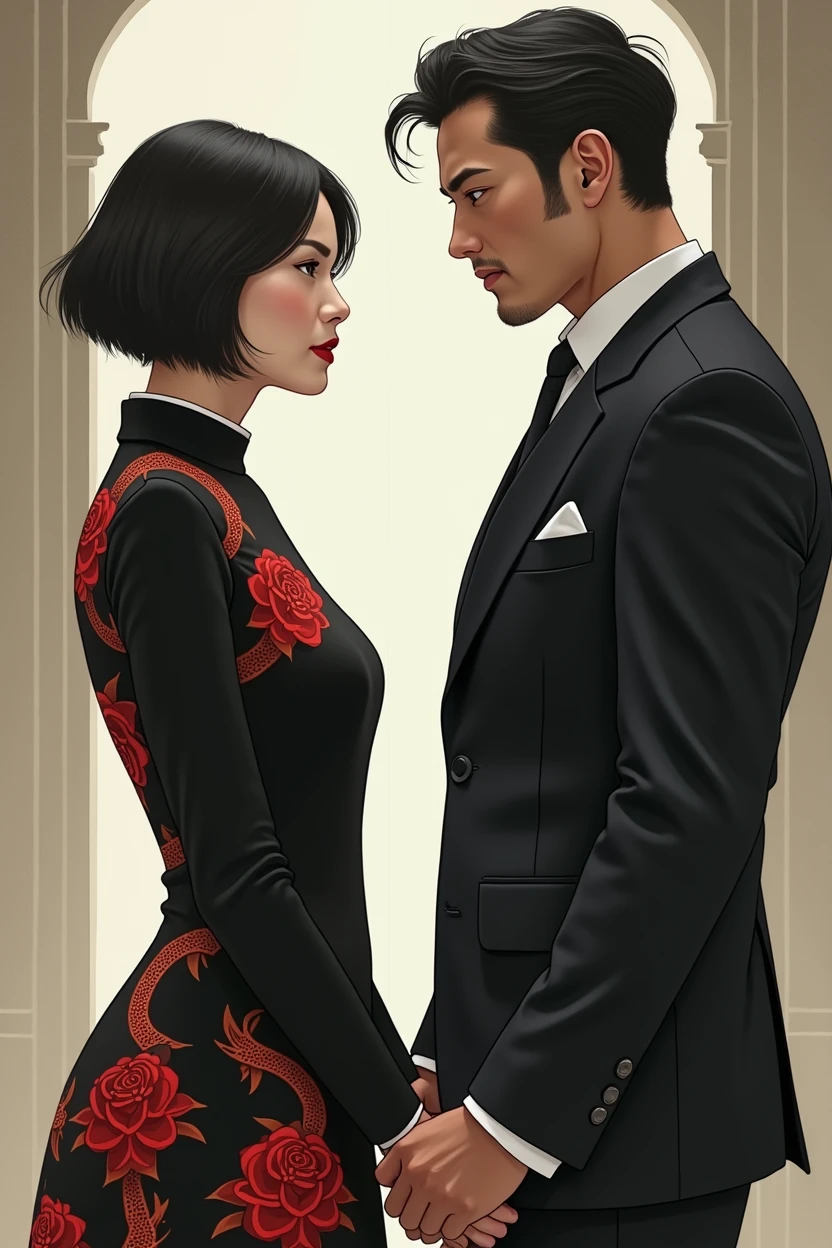 Create an image of a woman facing a man. The woman has Asian features and is well-groomed.., wearing a black dress with red designs, like dragons and roses. She has short black hair and a dark look in her eyes.. Your face is closed. The man is in a black suit. him'it's taller than her, suas feições são fortes e him não é asiático, him é francês com cabelo preto, rebels and scouts