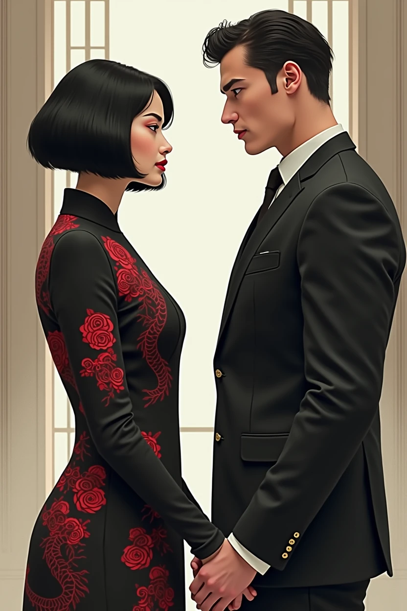 Create an image of a woman facing a man. The woman has Asian features and is well-groomed.., wearing a black dress with red designs, like dragons and roses. She has short black hair and a dark look in her eyes.. Your face is closed. The man is in a black suit. him&#39;it's taller than her, suas feições são fortes e him não é asiático, him é francês com cabelo preto, rebels and scouts
