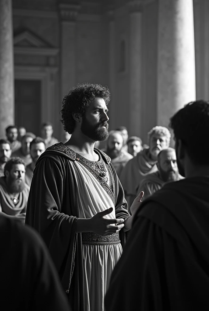 photograph of roman emperor constantine the great with curly hair speaking to the people at the council of nikaea