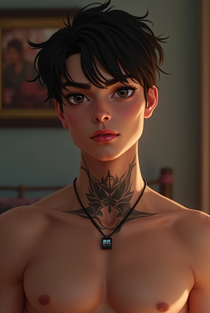 Young Handsome AI high quality realistic tattooed name ruy on neck muscular white skin tanned piercing gaze pink mouth with music bedroom background 