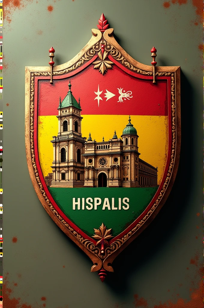 Make me a football shield with red and green colors, that it has the flag of Spain and Andalusia and the Giralda monument that says HISPALIS and with a retro style , that it is round 