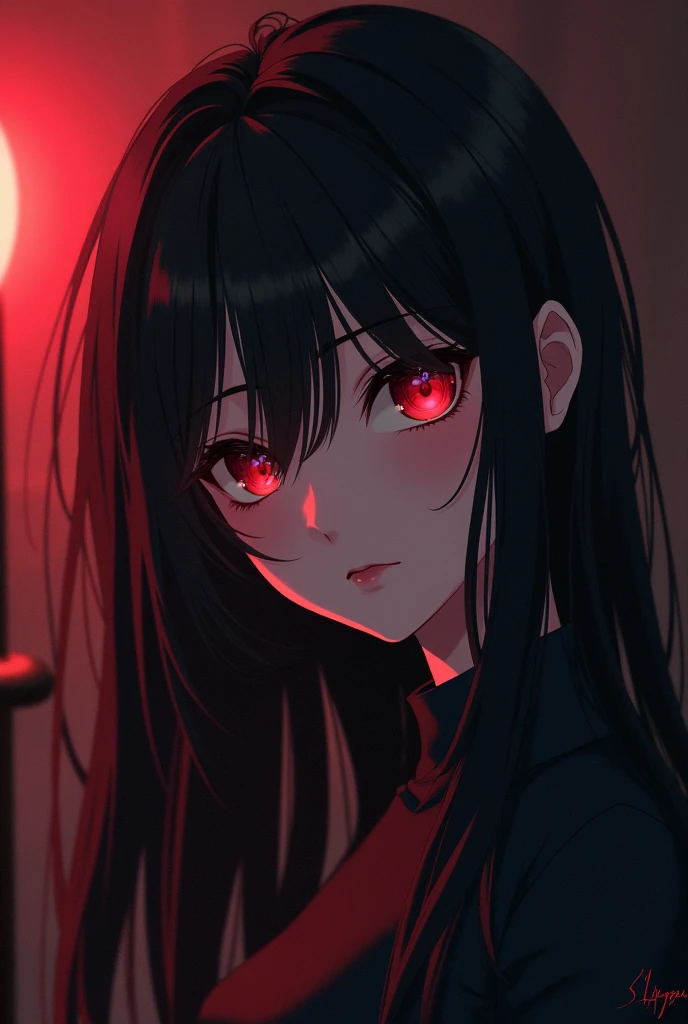Anime　Long Black Hair　Red eyes　