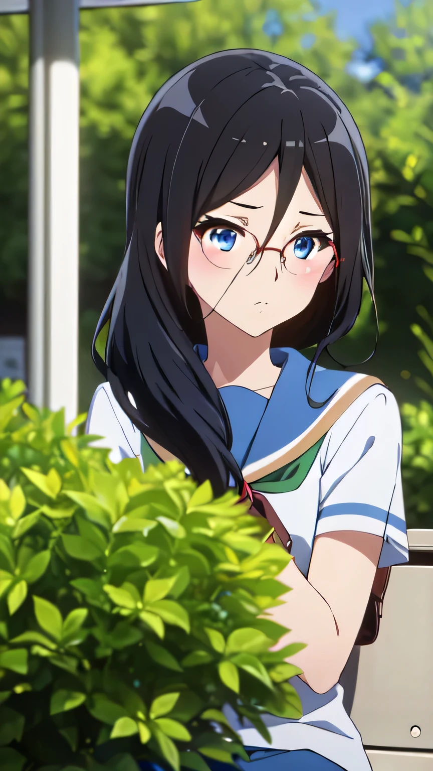 best quality, Masterpiece, highres, alone, {Thanaka_Asuka_euphonium sound:1.15} (garden:1.3), , black_hair, long_hair, glasses, light blue_eyes, Blush, red frame_glasses, Seraph, beyond the edge_glasses, semi borderless_glasses, hair_between_eyes, 1 woman, Kitauchi_high_school_uniform, brown,  (Waiting for the bus:1.5),