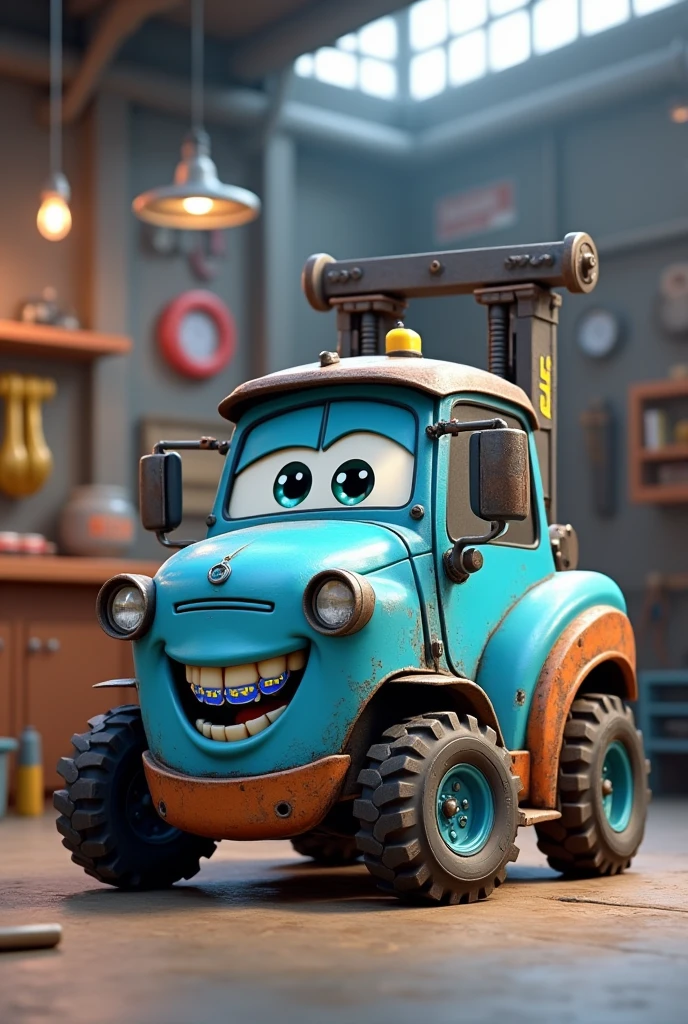 Create Mate from the Cars movie as a forklift and put blue braces on his teeth