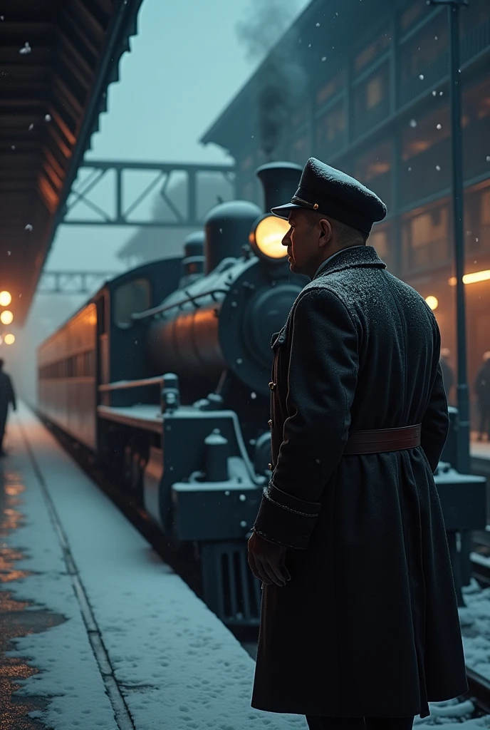 masterpiece, best quality,Soviet man，Train driver，Steam locomotive，World War II，TRAIN STATION，About to travel，dimly lit scene，Dim Lights，Snow