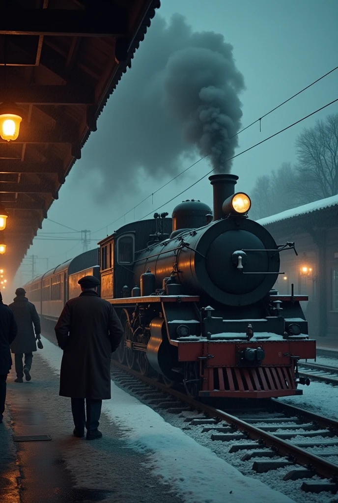 masterpiece, best quality,Soviet man,Train driver,Steam locomotive,World War II,TRAIN STATION,About to travel,dimly lit scene,Dim Lights,Snow