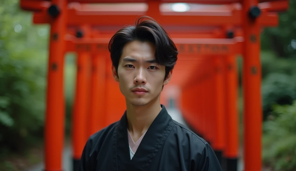 A young Japanese man in a black kimono is looking at a red torii gate,Excited, Photo of your face, For work, With lush natural scenery as a background, with a natural look, With a slightly tired look, tilt your face a little, Diagonal orientation, Average face