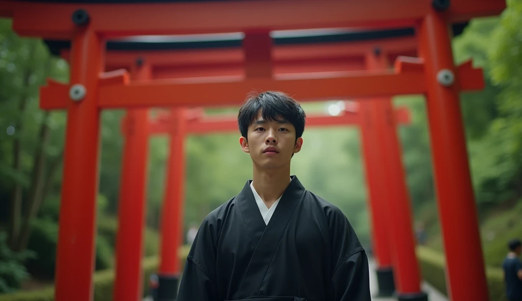 A young Japanese man in a black kimono is looking at a red torii gate,Excited, Photo of your face, For work, With lush natural scenery as a background, with a natural look, With a slightly tired look, tilt your face a little, Diagonal orientation, Average face