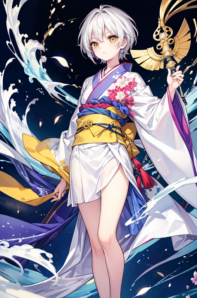 Highest quality, 16K, masterpiece :1.3　Ultra High Resolution　　No abnormalities in detail　Detailed face　　Male　neutral　cool　Small stature　White hair reaching down to the eyes　Yellow Eyes　kimono　Carrying a Japan sword on his waist　Tight eyes　Wearing earrings　Male　laughing　Black and white kimono　ephemeral　The whole body is visible　boyish　No background　Magical Beauty