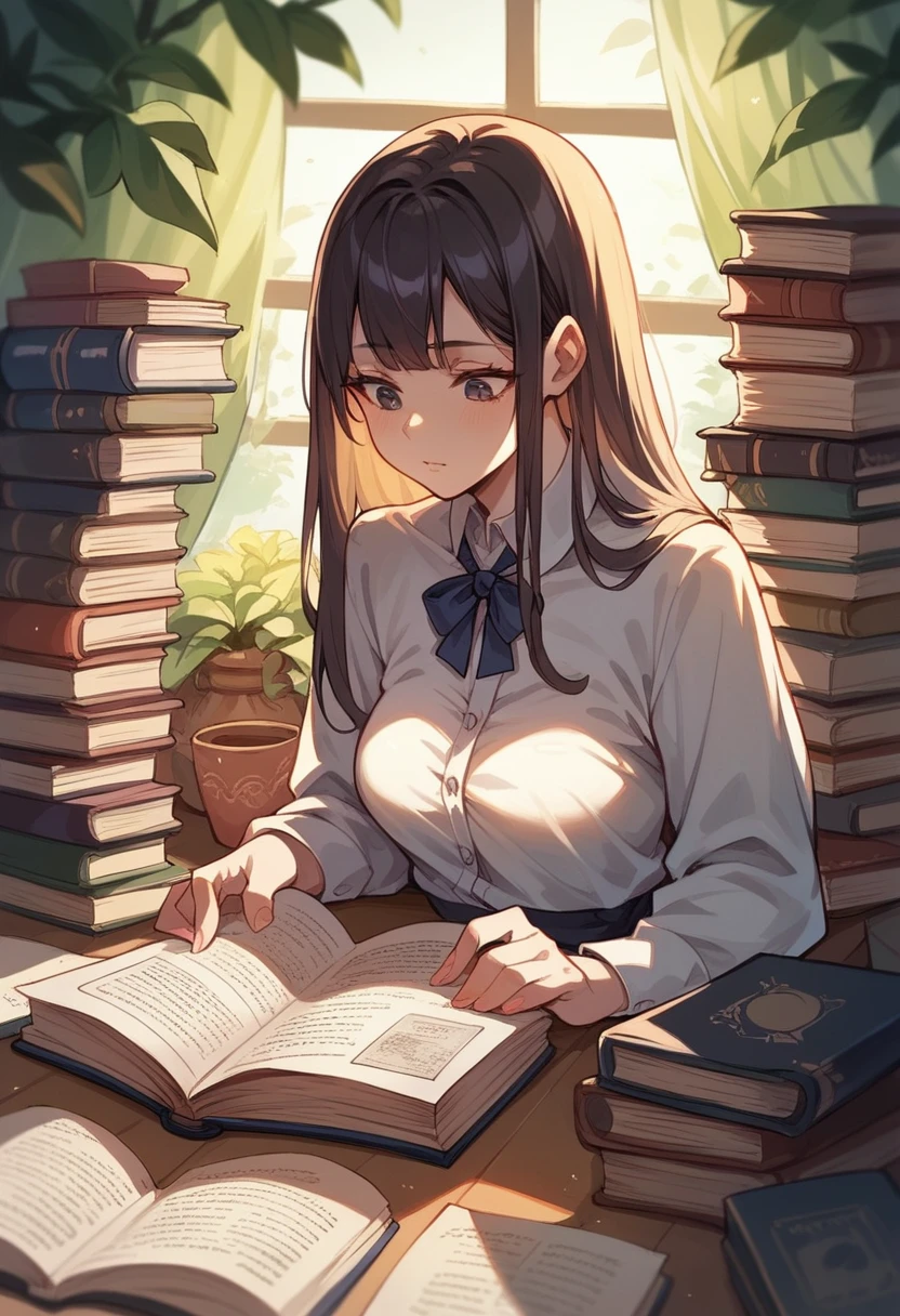 Reading a textbook, beautiful girl