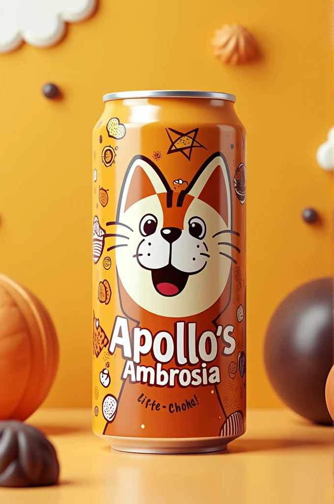 make me a 250ml canned coffee packaging design with a cheerful artwork theme with the brand name Apollo's Ambrosia , in it there is a cat head logo artwork design with full color