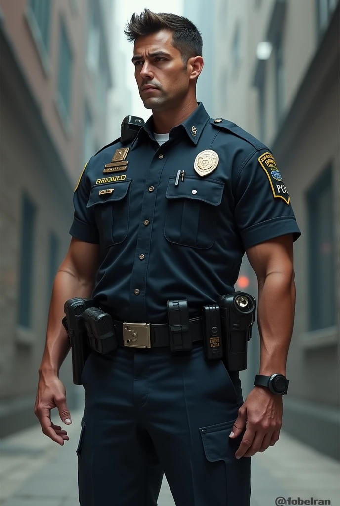 Make a uniformed police officer with a big name behind TEN Reinaldo put the name Ten Reinaldo on the vest