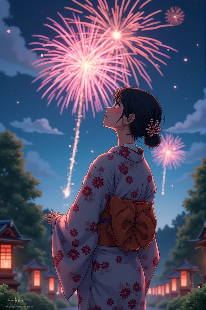 She is watching fireworks　Japan　yukata　Real　Realistic　