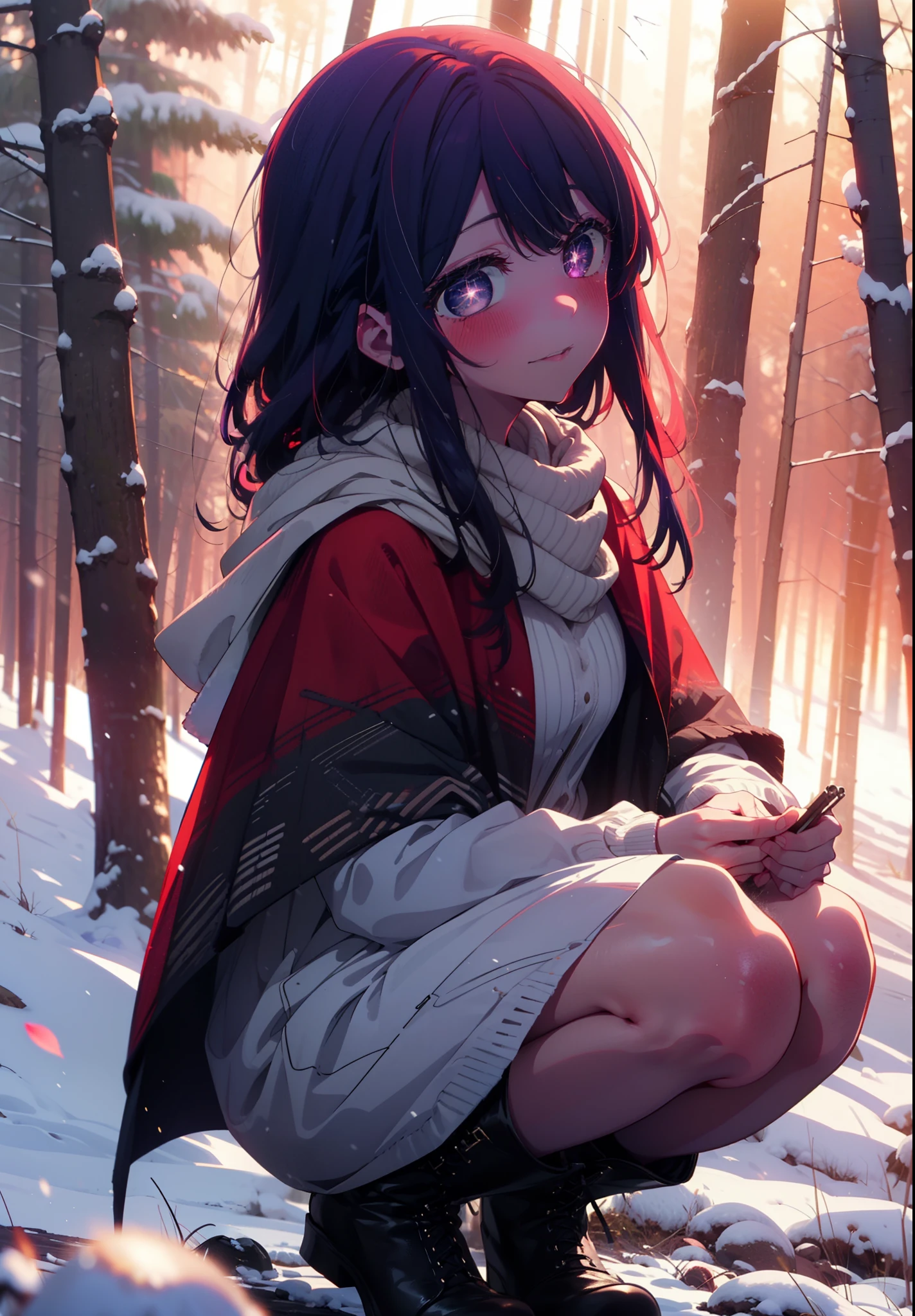 aihoshino, Ai Hoshino, Long Hair, bangs, (Purple eyes:1.1), Purple Hair, (Symbol-shaped pupil:1.5), smile,,smile,blush,white breath,
Open your mouth,snow,Ground bonfire, Outdoor, boots, snowing, From the side, wood, suitcase, Cape, Blurred, , forest, White handbag, nature, Squat, Mouth closed, Cape, winter, Written boundary depth, Black shoes, red Cape break looking at viewer, Upper Body, whole body, break Outdoor, forest, nature, break (masterpiece:1.2), Highest quality, High resolution, unity 8k wallpaper, (shape:0.8), (Beautiful and beautiful eyes:1.6), Highly detailed face, Perfect lighting, Extremely detailed CG, (Perfect hands, Perfect Anatomy),