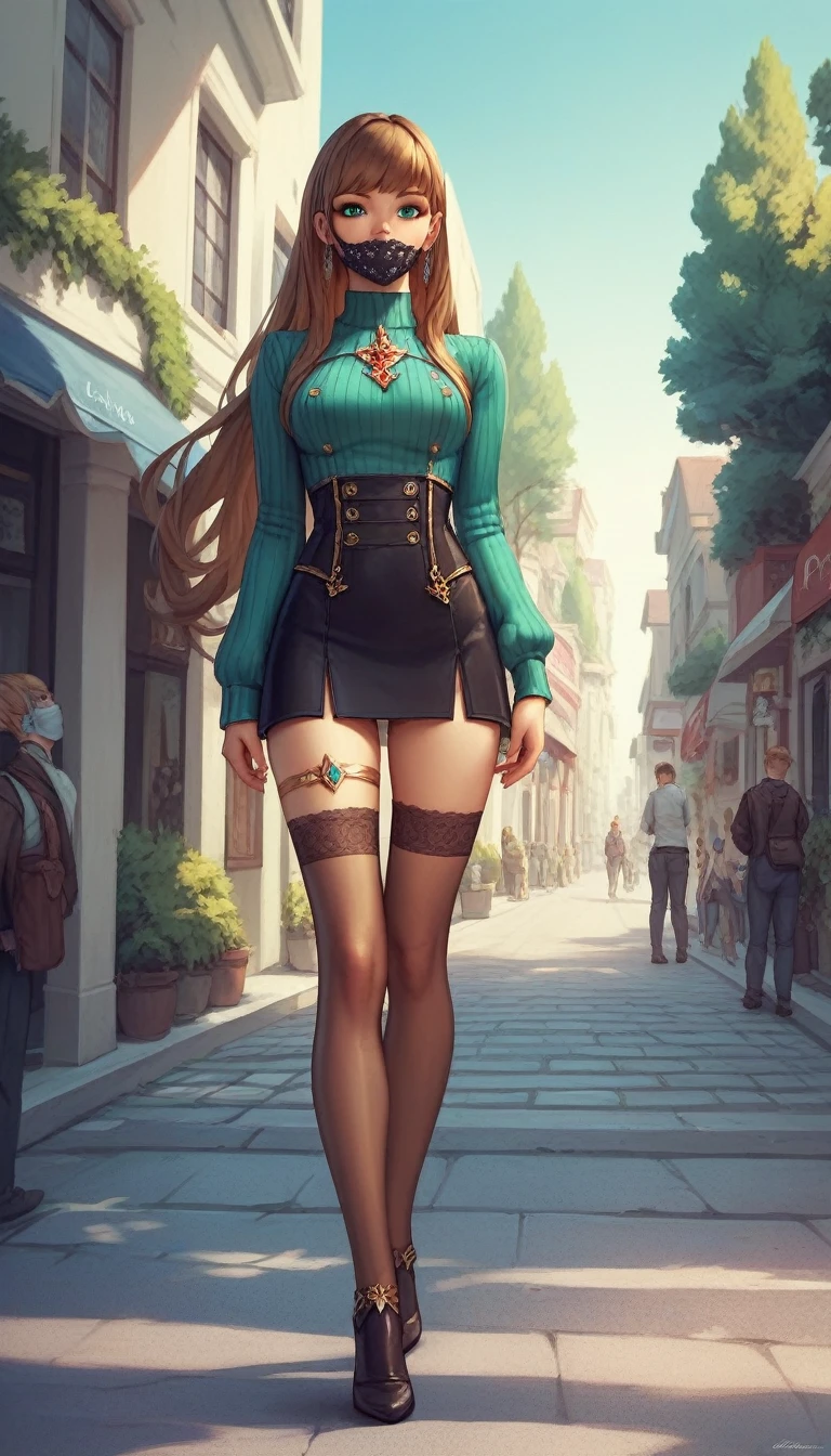 ((masterpiece)), Highest quality, (8k, Highest quality, masterpiece:1.2), Very detailed, gretelalt, brown hair, long hair, teal eyes,thighhighs, bangs, mouth mask, long sleeves, legband, stockings, outdoors,street,contrapposto,look down from a high place,solo focus