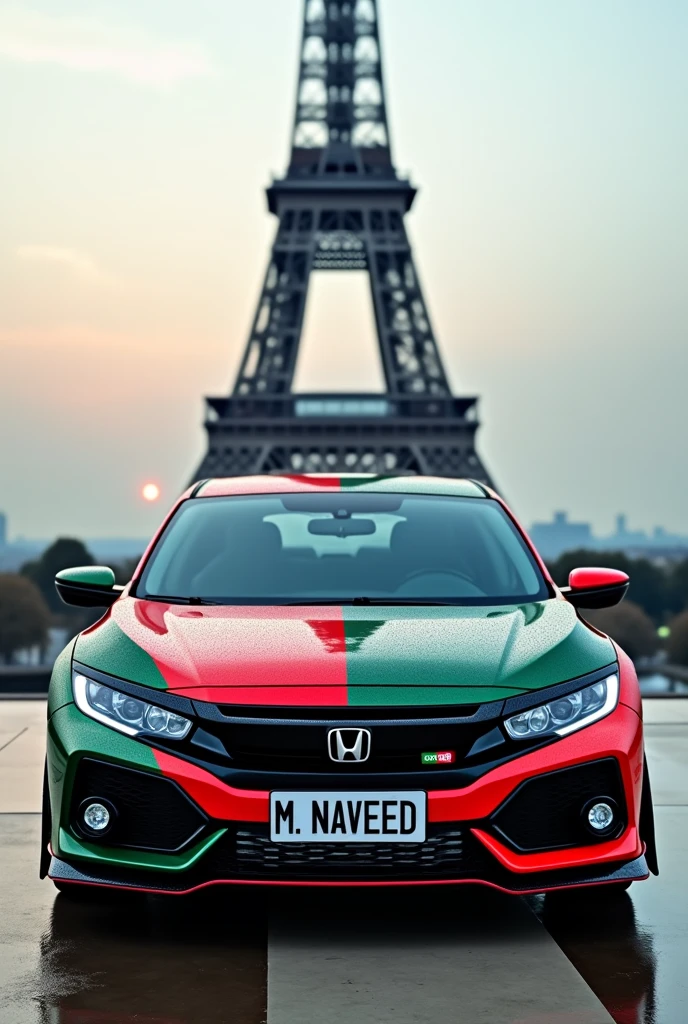 A Honda civic 2020 with 3 price lights  and having M NAVEED name number plate with red and Black color background the car should have Pakistan flage color all over the car in front of effal tower realistic full picture