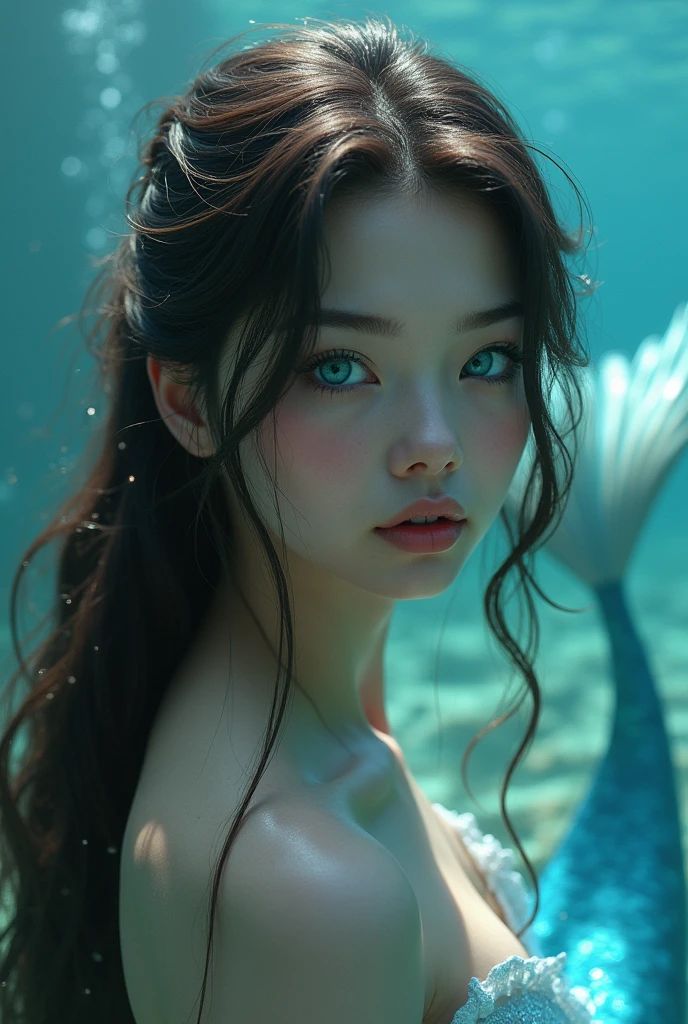 imagine a mermaid around 15 years old,dark brown hair and long to the buttocks,extremely light blue eyes, pool color,
captivating stare ,aligned and beautiful eyebrows, pool blue color tail,a surreal beauty.