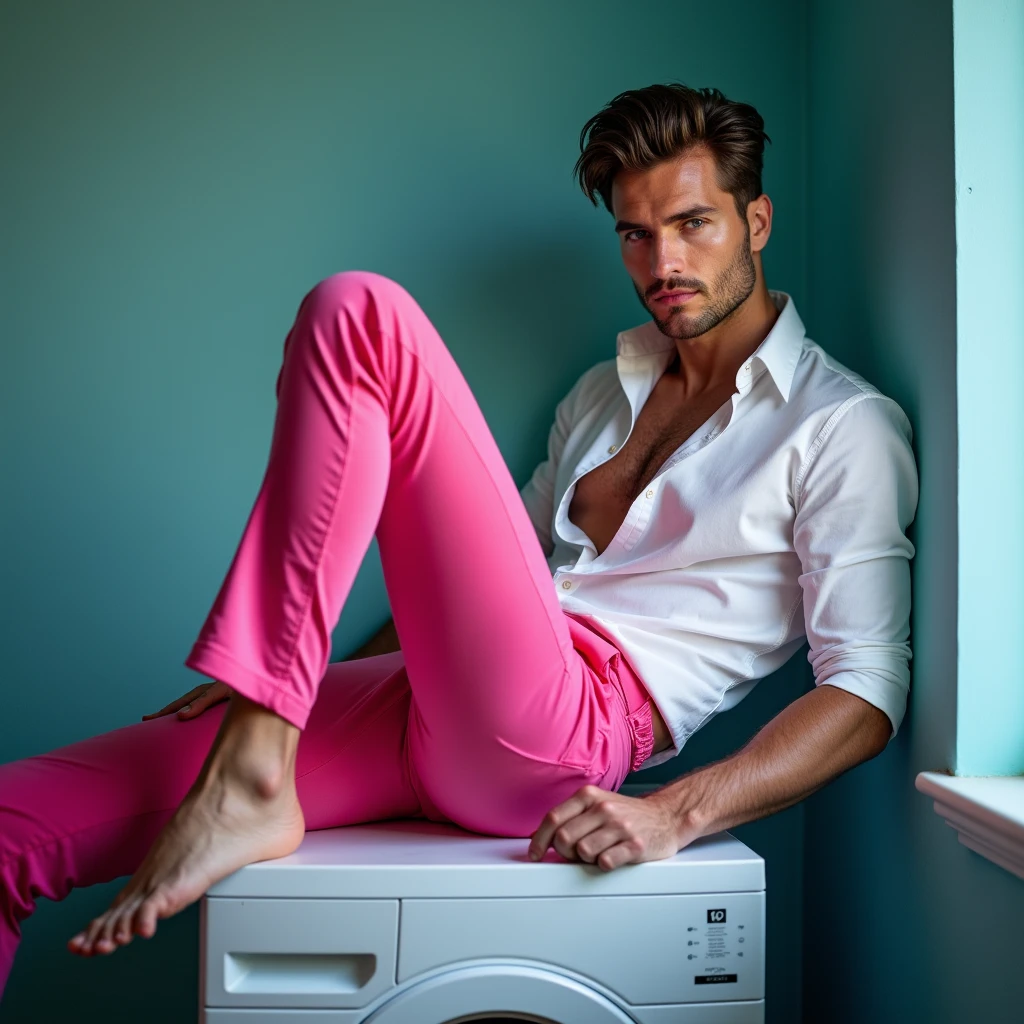 A white man, model type, at 33 years old, blue colored eyes, wearing a white shirt and pink pants, sitting sideways with his feet on top of a washing machine looking at the camera with a sexy look
