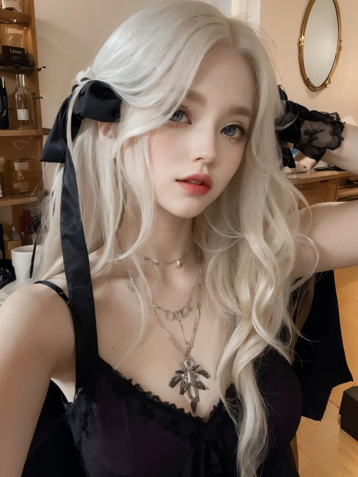 Blonde woman with long hair wearing a black dress and black bow, perfect white hair girl, pale skin curly hair blonde, long blonde hair, long blonde hair와 큰 눈, with long white hair, with long white hair, long blonde hair와 큰 눈, Avamax, platinum blonde long hair, girl with white hair, very pale blonde