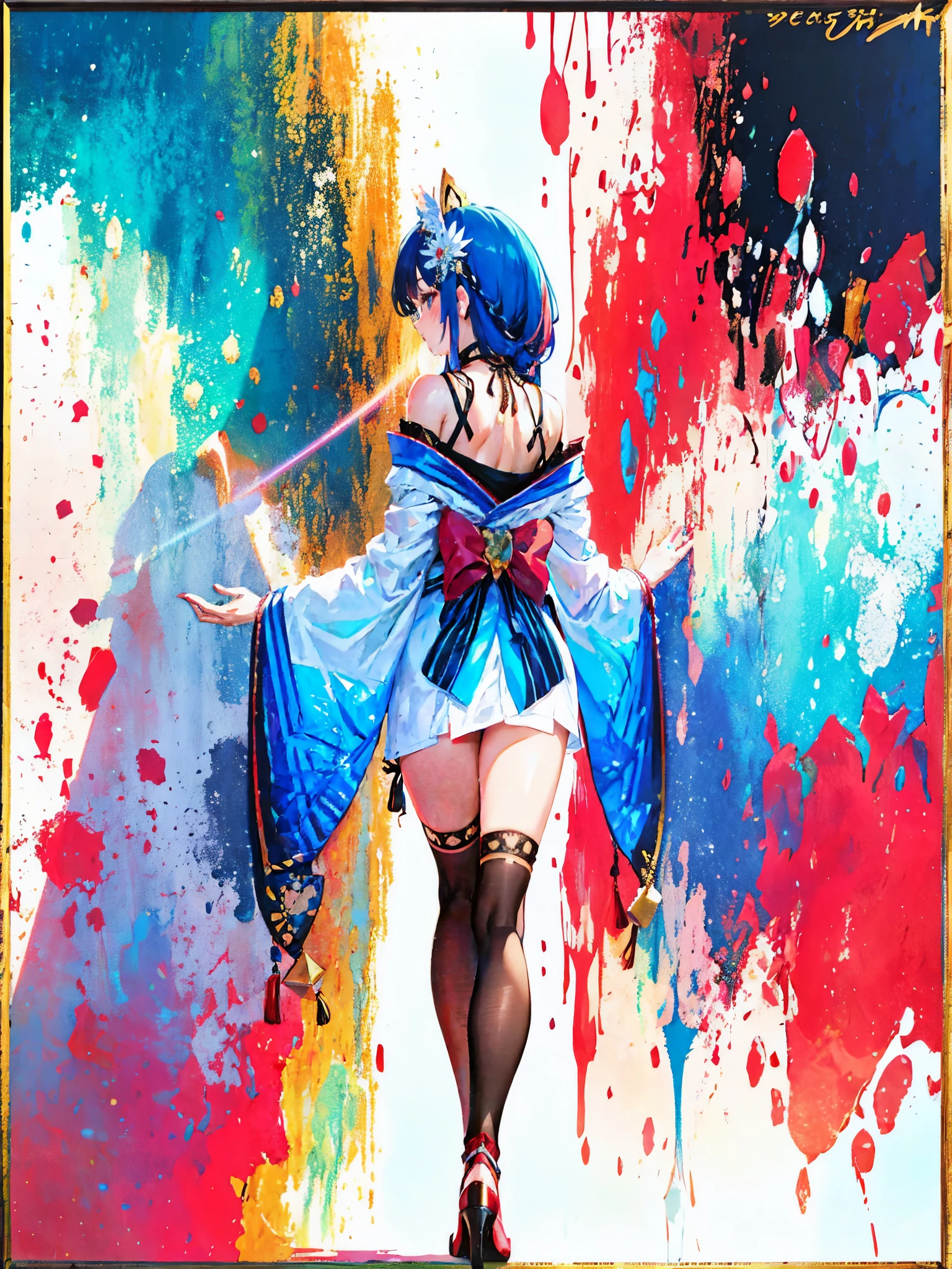 Blue haired girl (masterpiece, 4k, 8k, ultra hires, exremely detailed, unreal, high resolution, ultra detailed, best quality, ultra high res, visually stunning, beautiful, award-winning art, best quality, stunningly beautiful:1.2), detached sleeves, bare shoulders, long hair, kimono, hair ornament, jewelry, purple eyes, earrings, detailed face, ribbon_trim, long sleeves, smile, thick lips, (extremely detailed background:1.4), full body, (made of bright colors:1.1), (abstract:1.4), detailed eyes, (light rays:1.4), dark red hair, (from behind:1.2), 