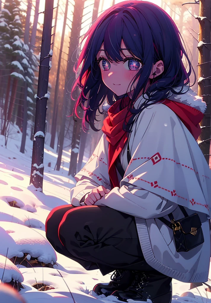 aihoshino, Ai Hoshino, Long Hair, bangs, (Purple eyes:1.1), Purple Hair, (Symbol-shaped pupil:1.5), smile,,smile,blush,white breath,
Open your mouth,snow,Ground bonfire, Outdoor, boots, snowing, From the side, wood, suitcase, Cape, Blurred, , forest, White handbag, nature,  Squat, Mouth closed, Cape, winter, Written boundary depth, Black shoes, red Cape break looking at viewer, Upper Body, whole body, break Outdoor, forest, nature, break (masterpiece:1.2), Highest quality, High resolution, unity 8k wallpaper, (shape:0.8), (Beautiful and beautiful eyes:1.6), Highly detailed face, Perfect lighting, Extremely detailed CG, (Perfect hands, Perfect Anatomy),