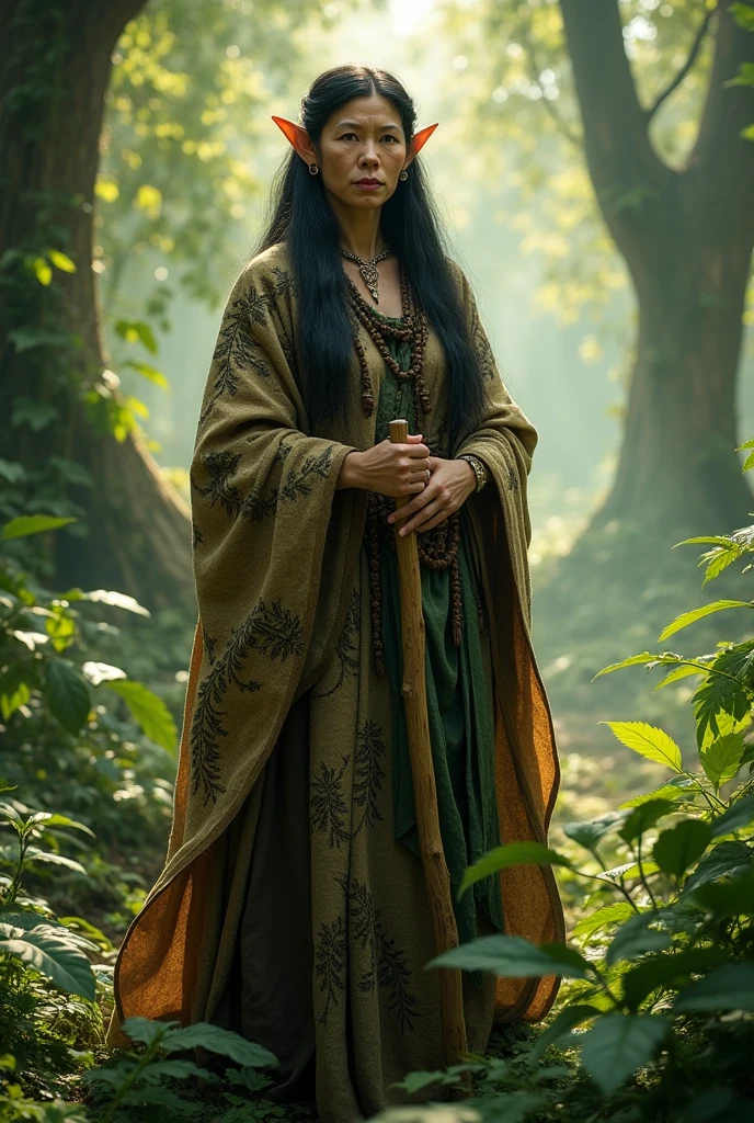 Create a dubgeons and dragons character image of an older female tribal elve mage with small lips, pointed ears long unkempt black hair in a brown and green robe made of leafs holding a wooden staff in a forest