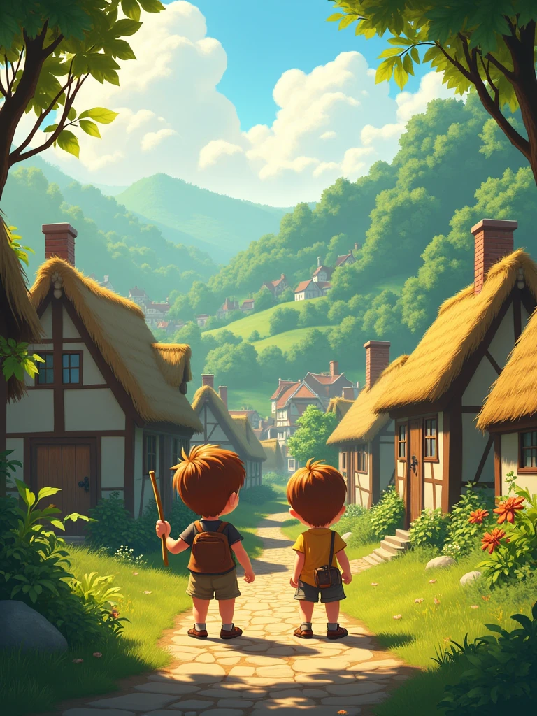 Create an image of a quaint, olden-day village nestled in a lush green valley. The scene should depict thatched cottages with cobblestone paths, surrounded by rolling hills and dense forests. The morning sun casts a warm glow over the village, and children are seen eagerly gathering in the village square, their faces filled with excitement. Include two children, Oliver and Lily, at the forefront, holding wooden sticks and looking towards the forest with anticipation. The atmosphere should be vibrant and full of life, capturing the essence of adventure and discovery. Size: 1792x1024